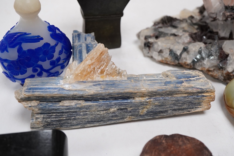 A Chinese bronze small vase, 19th century, rose quartz-14cm and Kyanite specimens, a soapstone seal and a glass snuff bottle